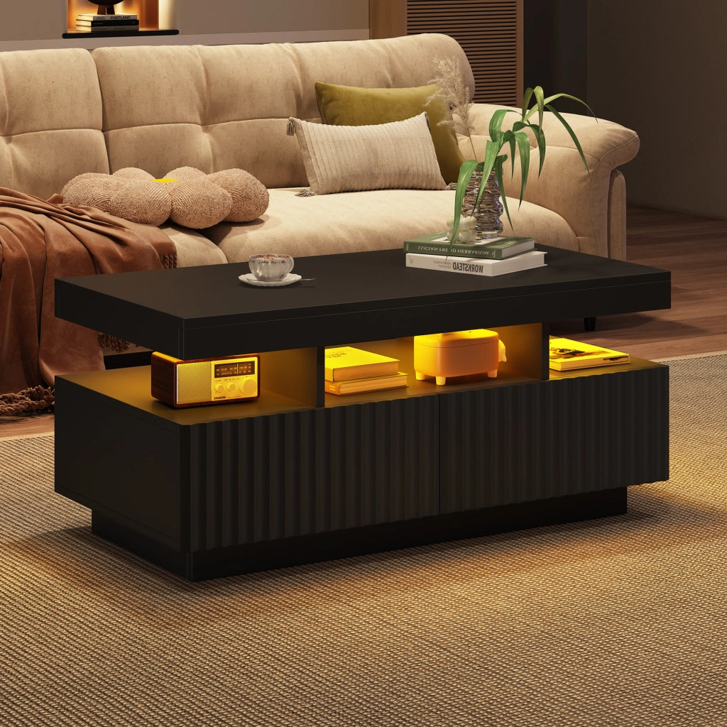 Tavolino basso con 2 cassetti e vano aperto led controllato da app per soggiorno in truciolato nero 100 × 50 × 45 cm