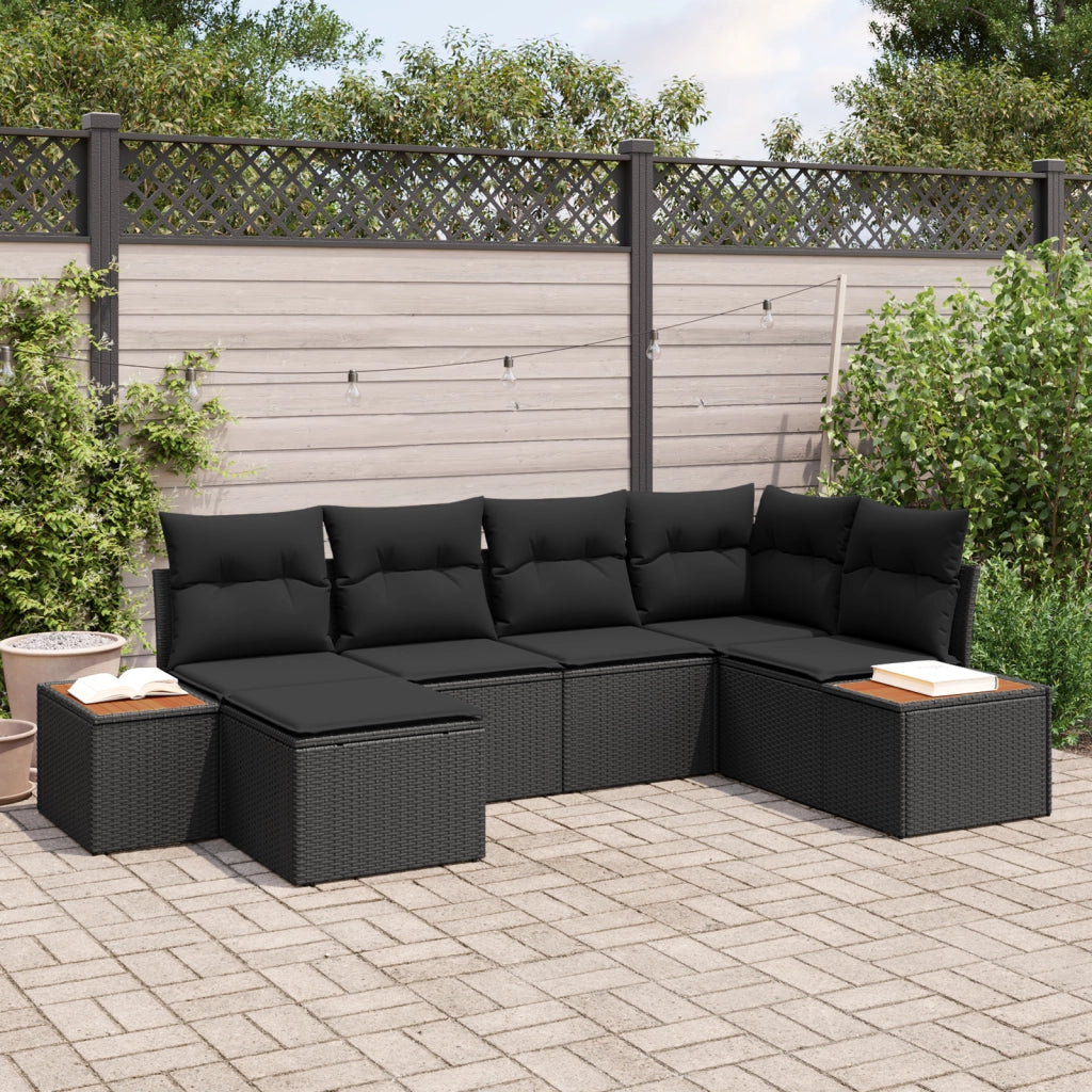Set Divano da Giardino 6 Pezzi con Cuscini Nero Polyrattan Acacia