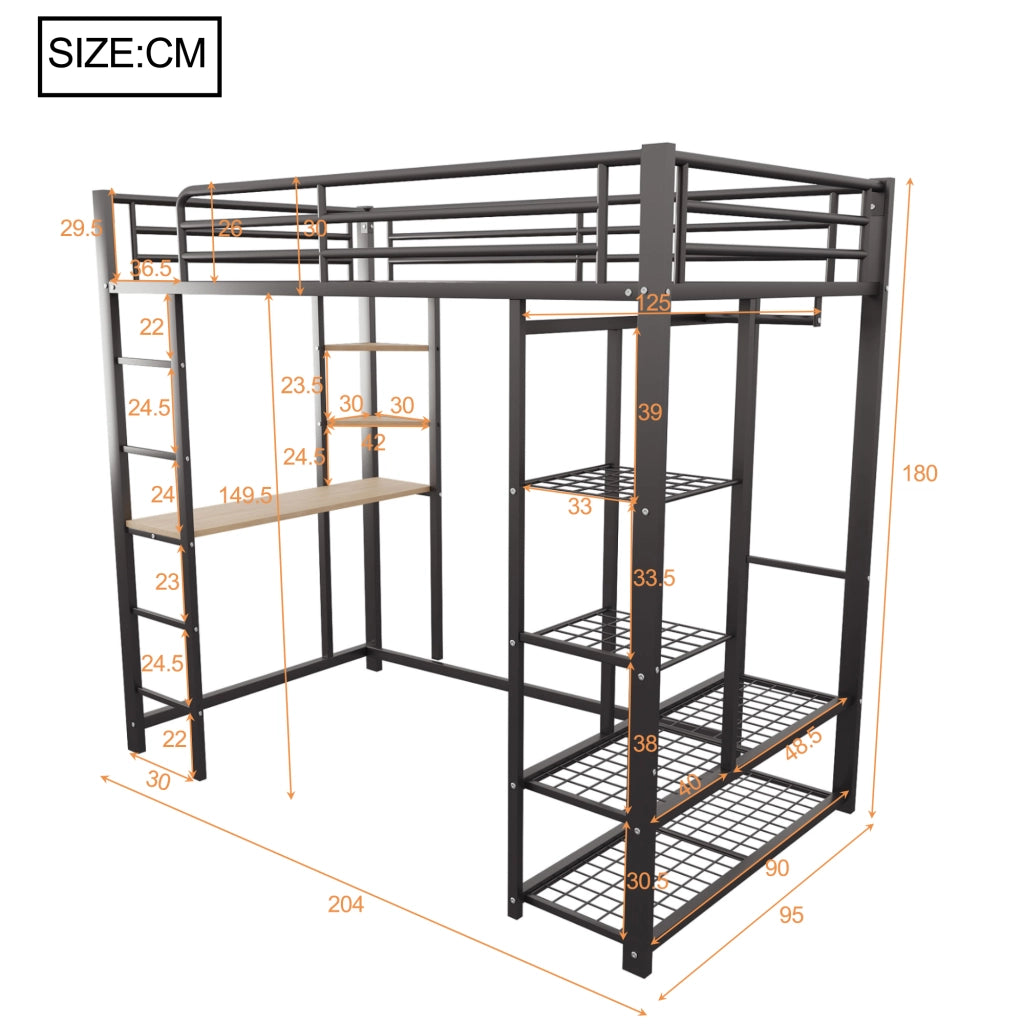 Letto a Soppalco Singolo con Scrivania; Armadio e Scaffali; 90 × 200 cm; senza Materasso; Nero