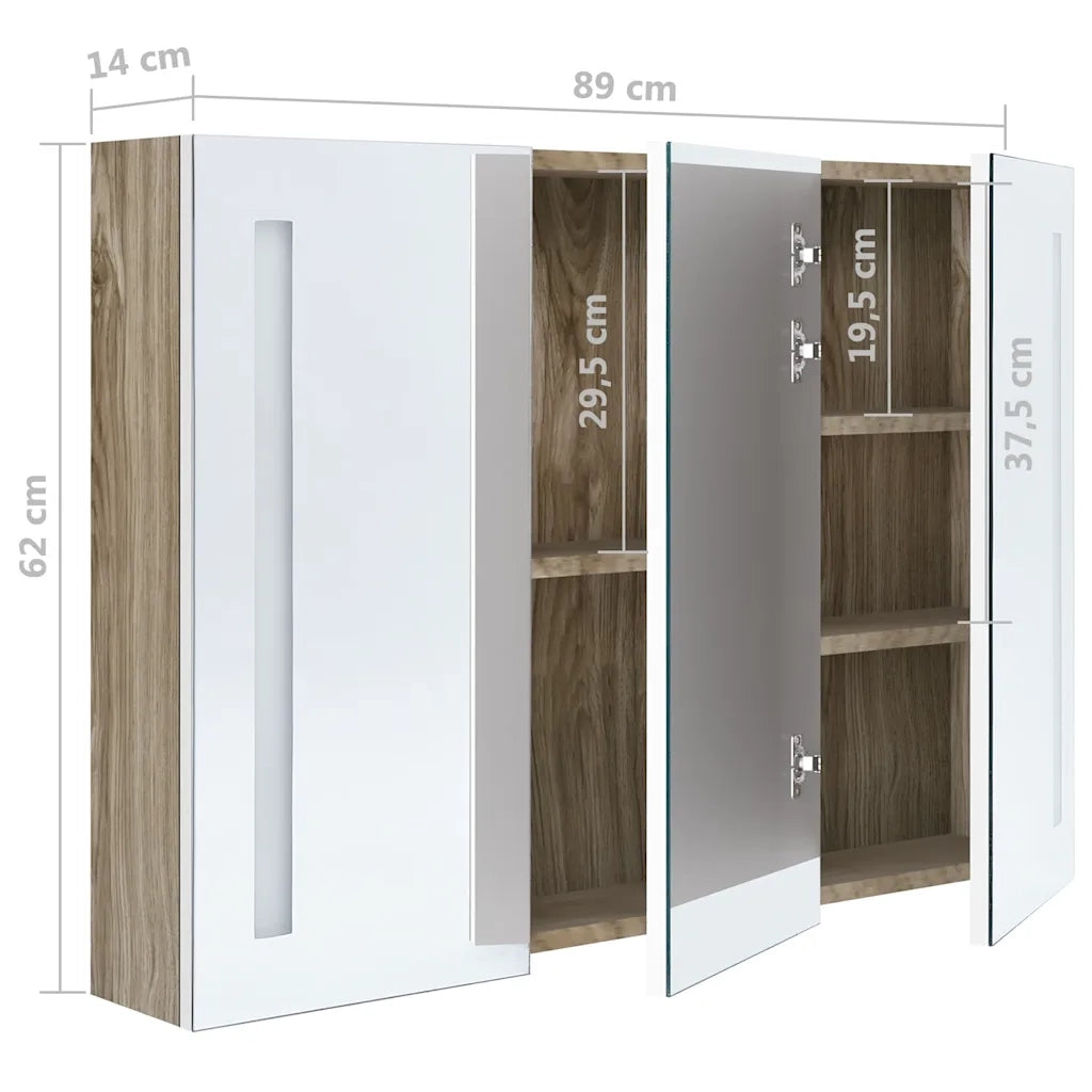 Armadietto Bagno | Armadio da bagno con Specchio e LED 89x14x62 cm Bianco e Rovere