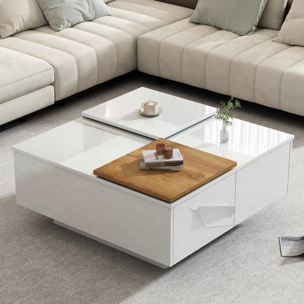 TAVOLINO DA CAFFÈ quadrato lucido bianco 75x75x33,5 cm con 4 cassetti