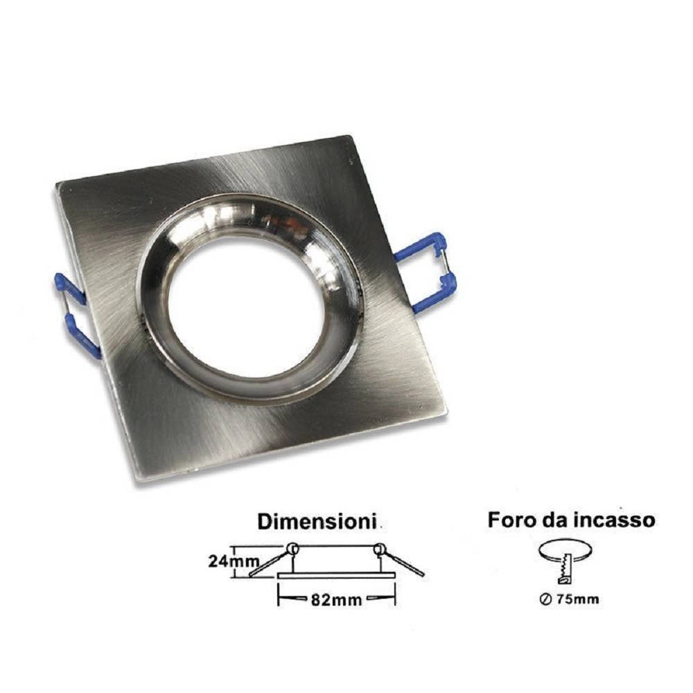 Trade Shop - Porta Faretto Ad Incasso Quadrato Faretto Orientabile Con Molle Foro 75 Mm P20 - Argento