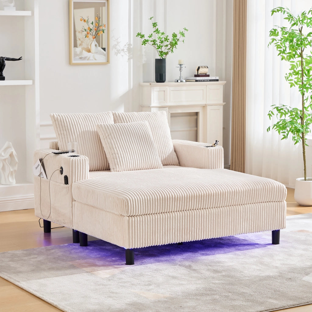 POLTRONA Relax Oversize 142x128x85 cm Corduroy Beige con LED, USB e portabicchiere