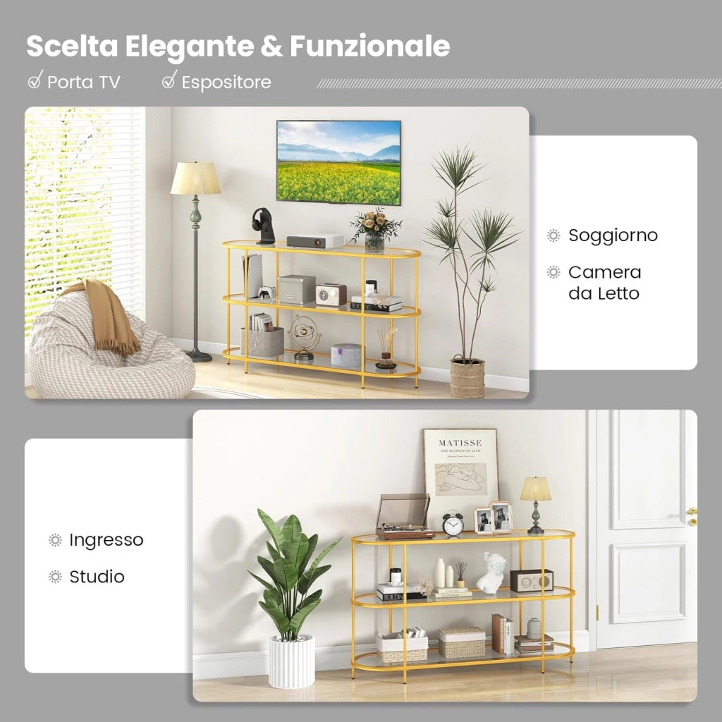 Mobile Porta TV fino a 65’’, Tavolo Consolle TV con 3 Ripiani in Vetro Temperato, Supporto TV con Struttura in Metallo, per Soggiorno, Camera da Letto