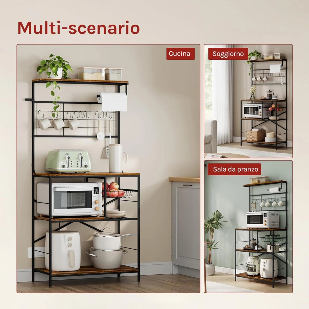 Scaffale da Cucina a 4 Livelli, Scaffale per Microonde con 10 Ganci, Cestino Estraibile, Supporto per Rotolo da Cucina, Struttura in Metallo, 80x40x168cm, Marrone Rustico+Nero