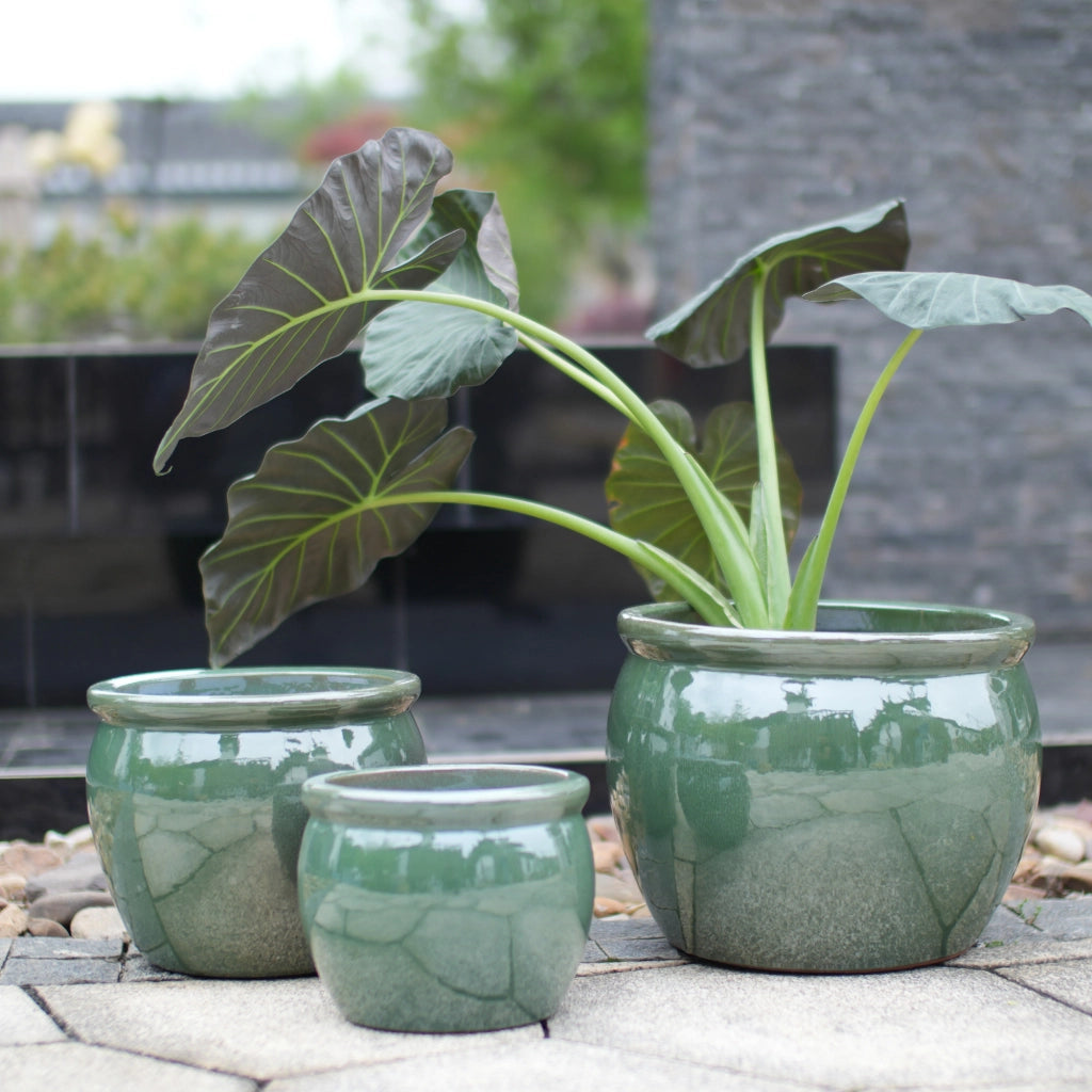 Fioriera a più livelli in ceramica smaltata lucida set 3 pezzi blu verde anticato per interni e esterni