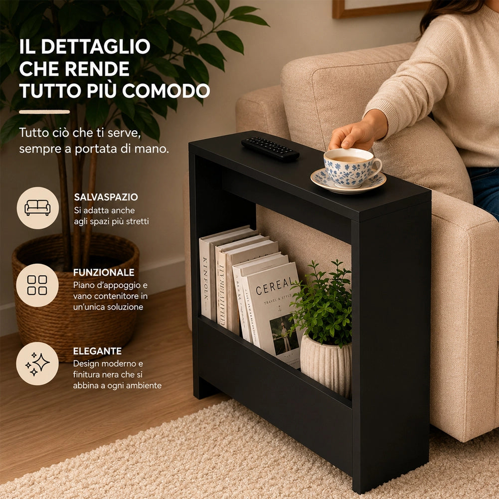 Tavolino Laterale Divano Nero Tavolo Salvaspazio Multifunzione 55x20x60 cm
