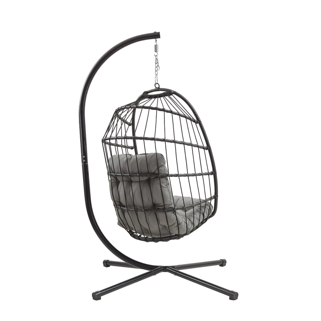 Poltrona Uovo Sospesa Rattan Nero Altalena Giardino con Cuscino