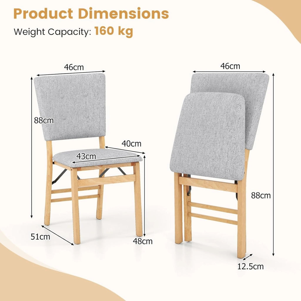 Set di 2 sedie da pranzo pieghevoli, sedia da cucina imbottita con struttura in legno di gomma, seduta rivestita in tessuto lino, portata fino a 160 kg, risparmio di spazio (grigio)