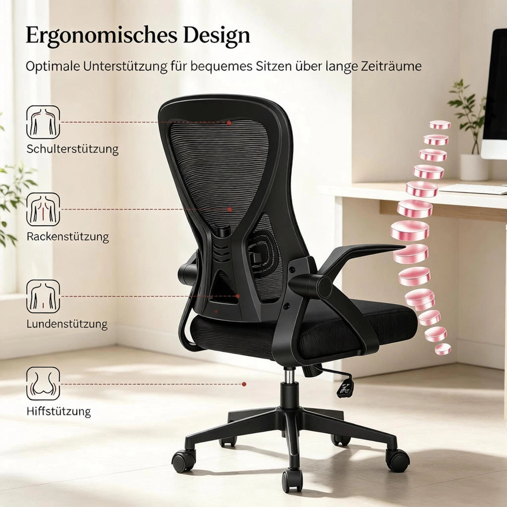Sedia da ufficio ergonomica girevole con schienale in rete e braccioli ribaltabili, seduta in schiuma, nera