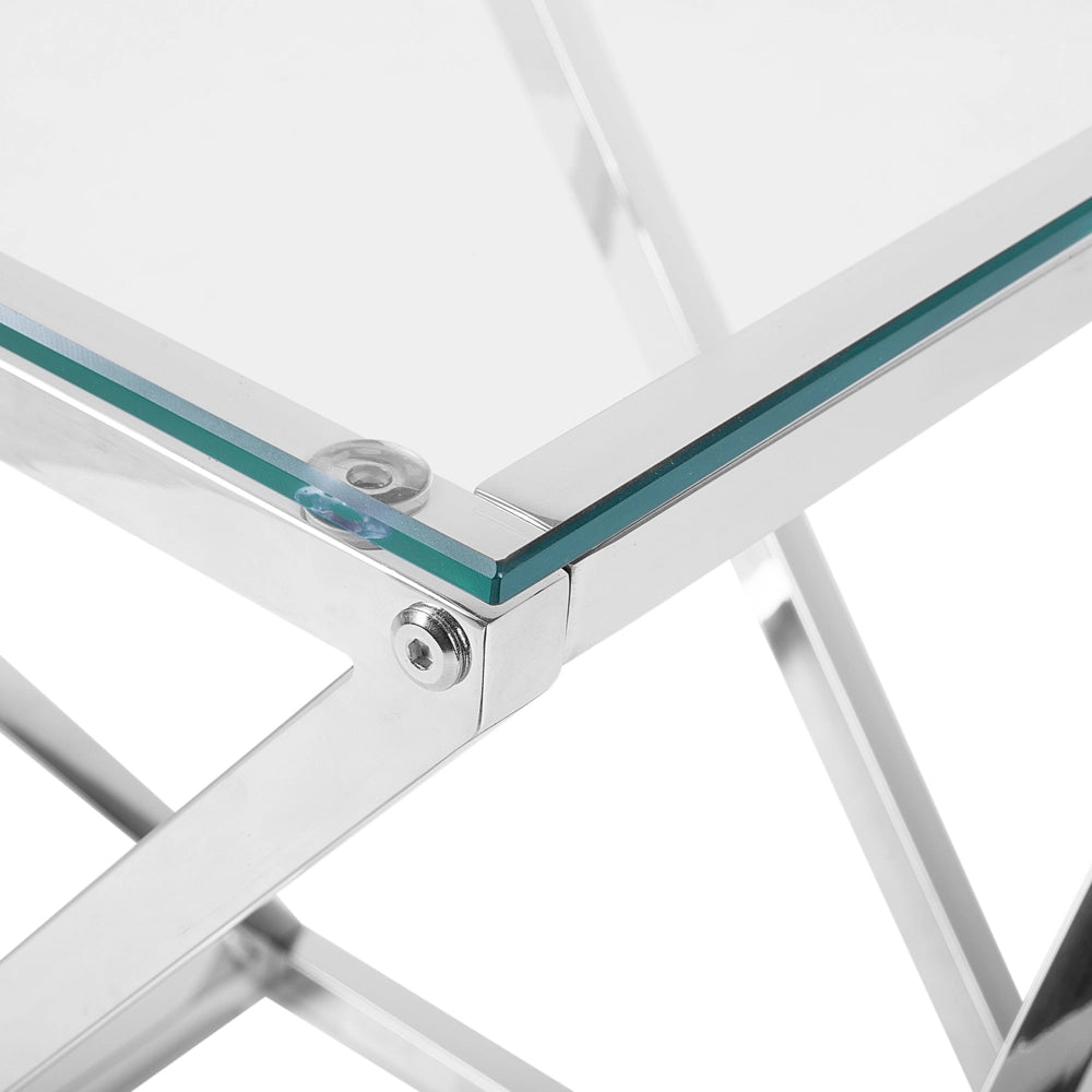 Tavolino Argento Struttura In Acciaio Vetro Piano Quadrato Geometrico Glam Design