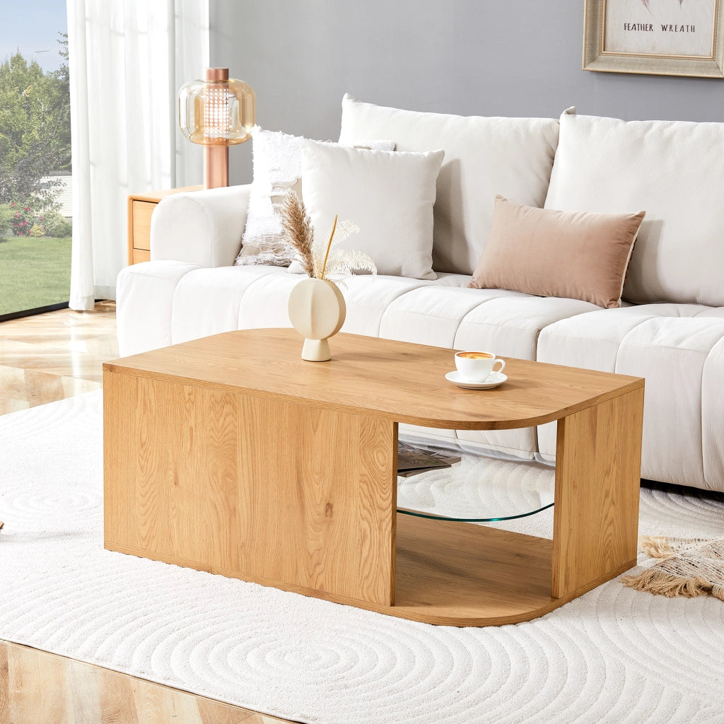Tavolino basso con doppio ripiano e vano contenitore in MDF effetto legno naturale e vetro 100 × 60 × 42 cm