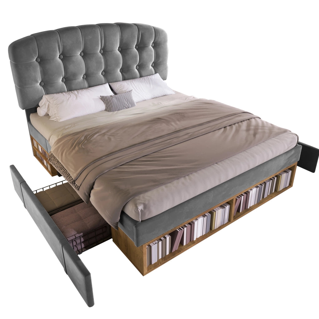 Letto imbottito 140x200 cm con testiera regolabile; cassetti e vani; velluto grigio
