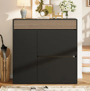 Scarpiere slim con cassetto; 2 ante a ribalta e vano laterale; 100x35x105 cm; nero e legno