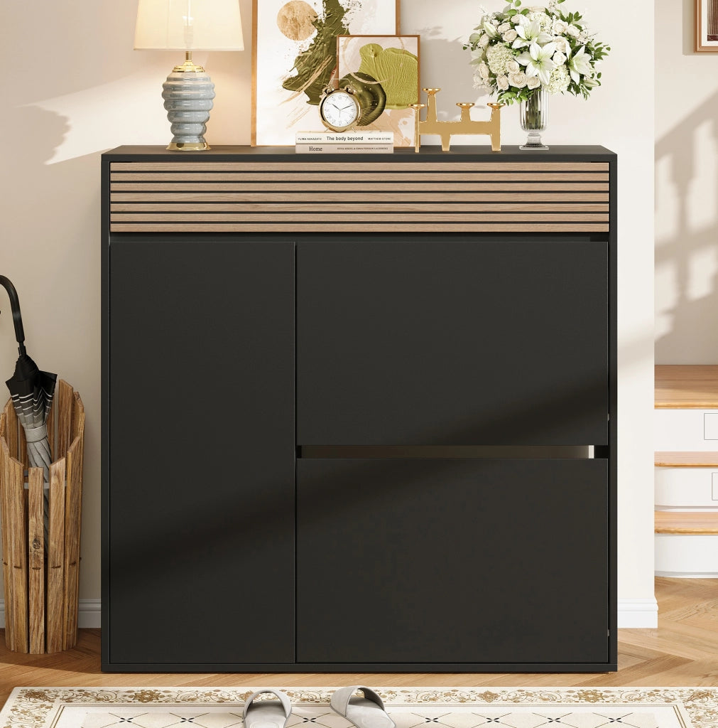 Scarpiere slim con cassetto; 2 ante a ribalta e vano laterale; 100x35x105 cm; nero e legno