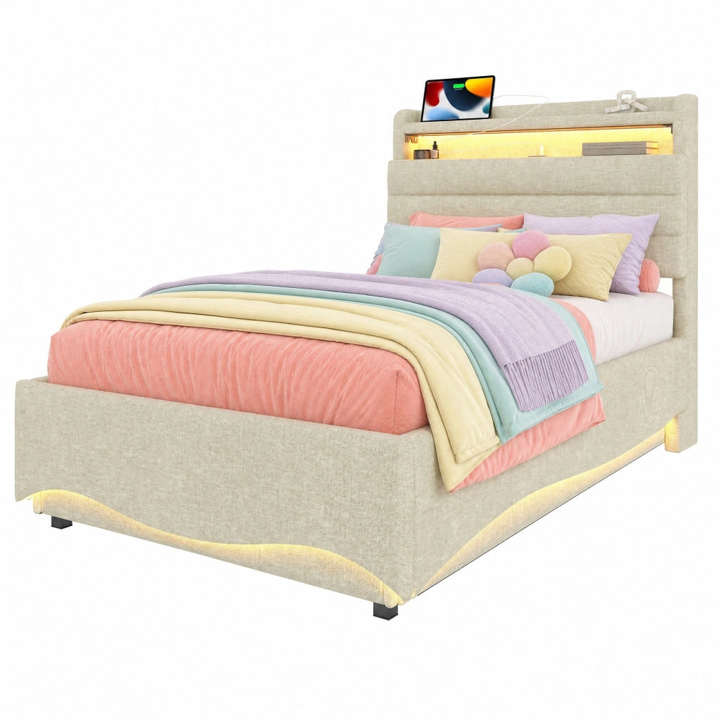 Letto imbottito 90x200 cm con LED, contenitore idraulico e porte USB/Type-C
