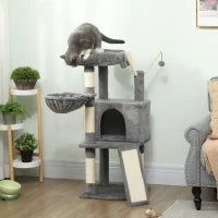 Albero tiragraffi per gatti con tappetino in sisal, piattaforma, tana e amaca, 40,5 x 40,5 x 103 cm, Grigio