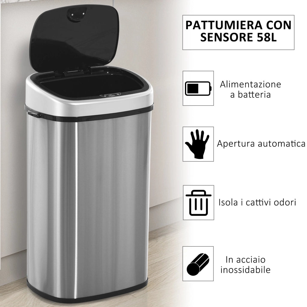 Pattumiera ad Apertura Automatica in Acciaio Inox con Sensore 58 Litri