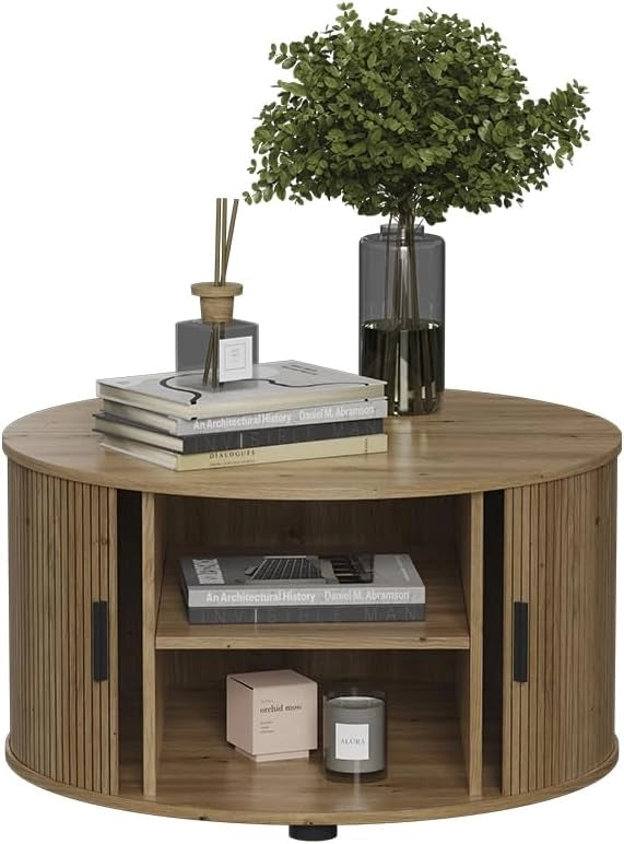 tavolino soggiorno Selva, Rovere, 80 x 80 cm con porta scorrevole, con funzione lift e piano del tavolo regolabile in altezza