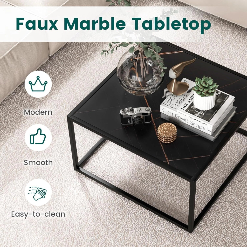 Tavolino da caffè effetto marmo, tavolino da tè con telaio in metallo, tavolo moderno, tavolino quadrato per soggiorno, 70 x 70 x 40 cm (nero)