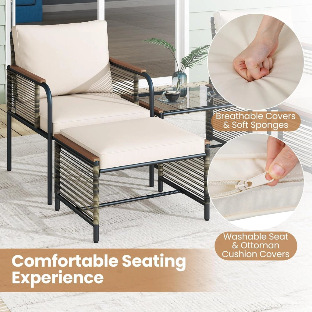 Set Salotto da Giardino Esterno 5 Pezzi con Cuscini, Mobili da Giardino in Rattan con 1 Tavolino in Vetro Temperato, 2 Sedie e 2 Ottomani, per Balcone, Terrazza, Patio (Beige)