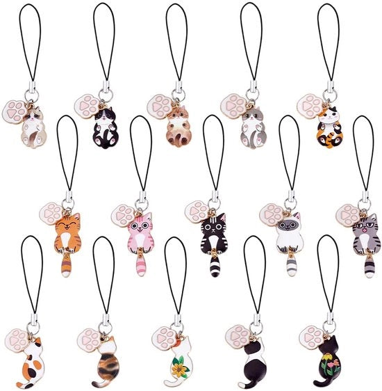 Charms per Telefono cellulare in 15 stili - Gatto kawaii appeso - Sospensioni in acciaio inossidabile con smalti per telefono cellulare