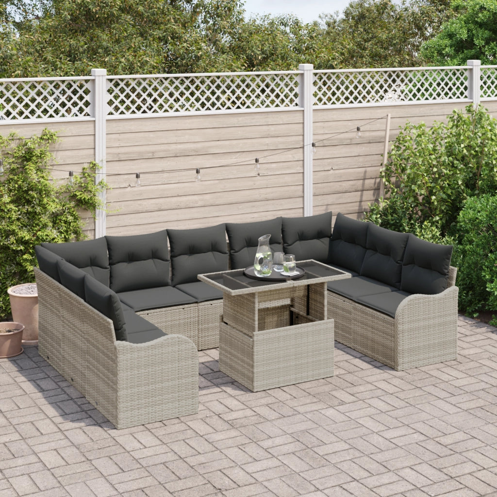 Set divano giardino  a 10 pezzi con cuscini grigio chiaro in polyrattan