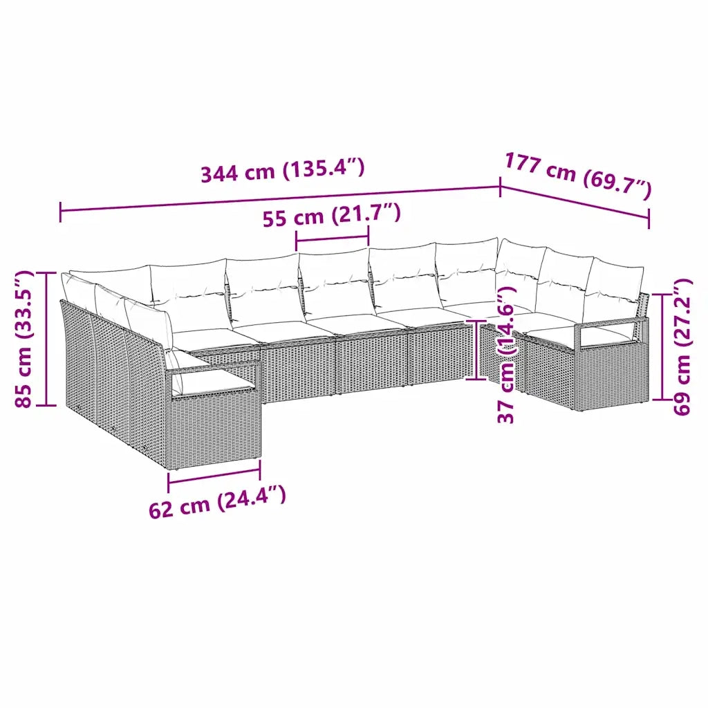 Set di divani con cuscino 10 pcs Beige polyrattan 3346561