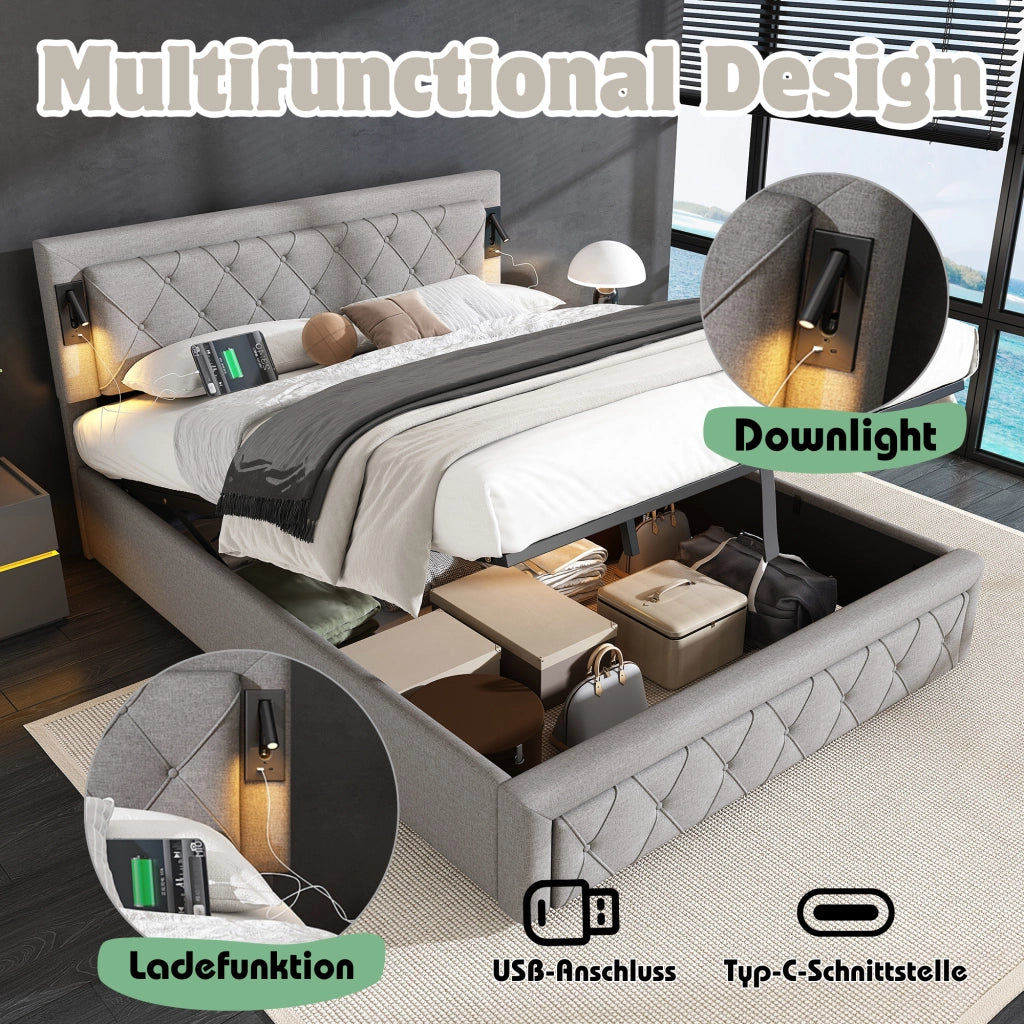 DESMIU Lit coffre 2 places avec LED, USB e contenitore, sans matelas, in lino, grigio