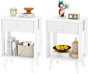 Set di 2 comodini, tavolo da notte, comodino, cassetto di tessuto, ripiano aperto, gambe in legno massello, struttura moderna e semplice, per camera da letto, soggiorno, bianco HST012W-2