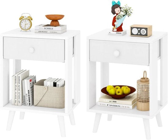 Set di 2 comodini, tavolo da notte, comodino, cassetto di tessuto, ripiano aperto, gambe in legno massello, struttura moderna e semplice, per camera da letto, soggiorno, bianco HST012W-2