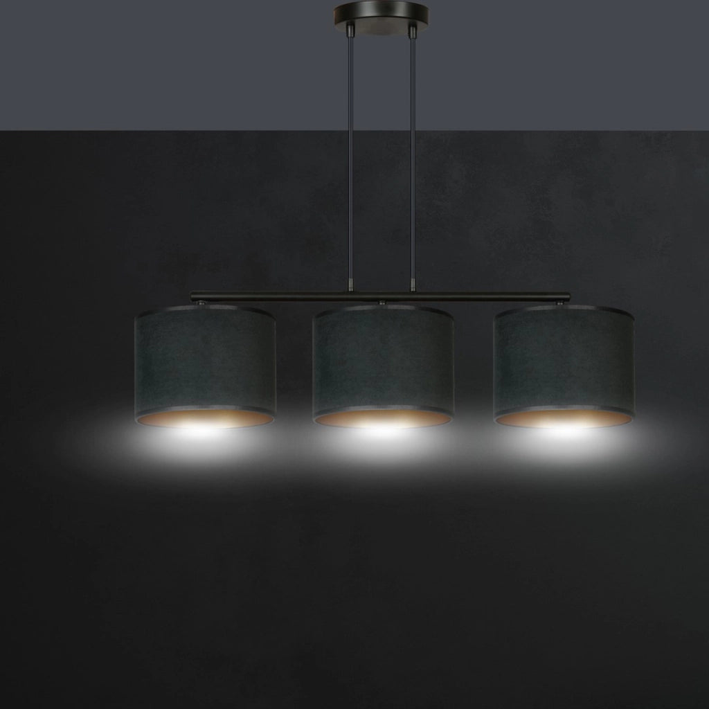 Lampada a sospensione HILDE a tre luci in acciaio e velluto nero