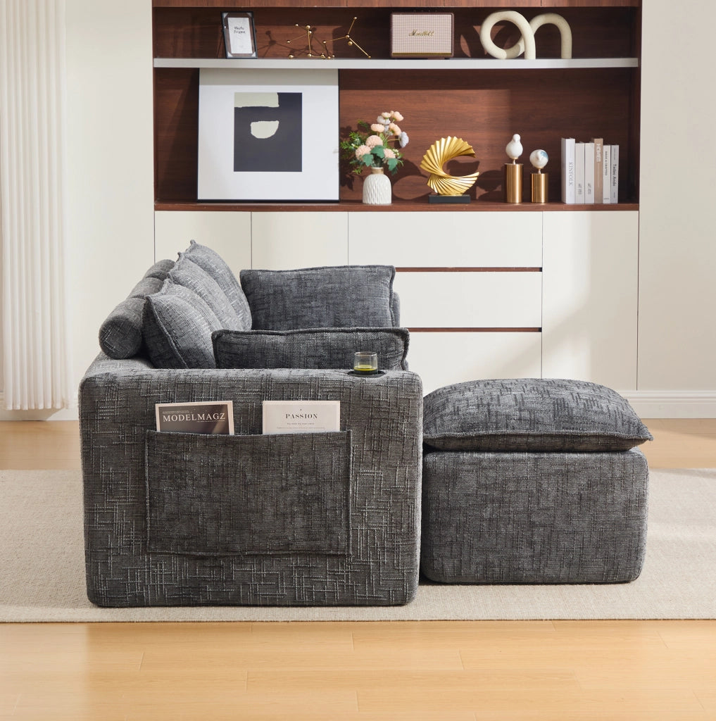 Divano modulare 3 posti con pouf; tasche laterali e cuscini; in chenille grigio scuro 256x161x75 cm