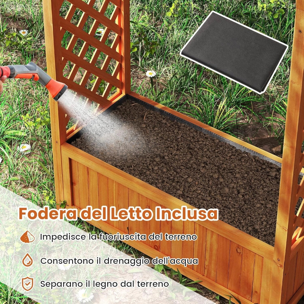 Letto da Giardino Rialzato in Legno, Orto Rialzato Verticale con Griglia, Tetto Curvo, Fodera e Drenaggio, Fioriera Grande per Cortile, Giardino e Patio, 83 x 36 x 146 cm