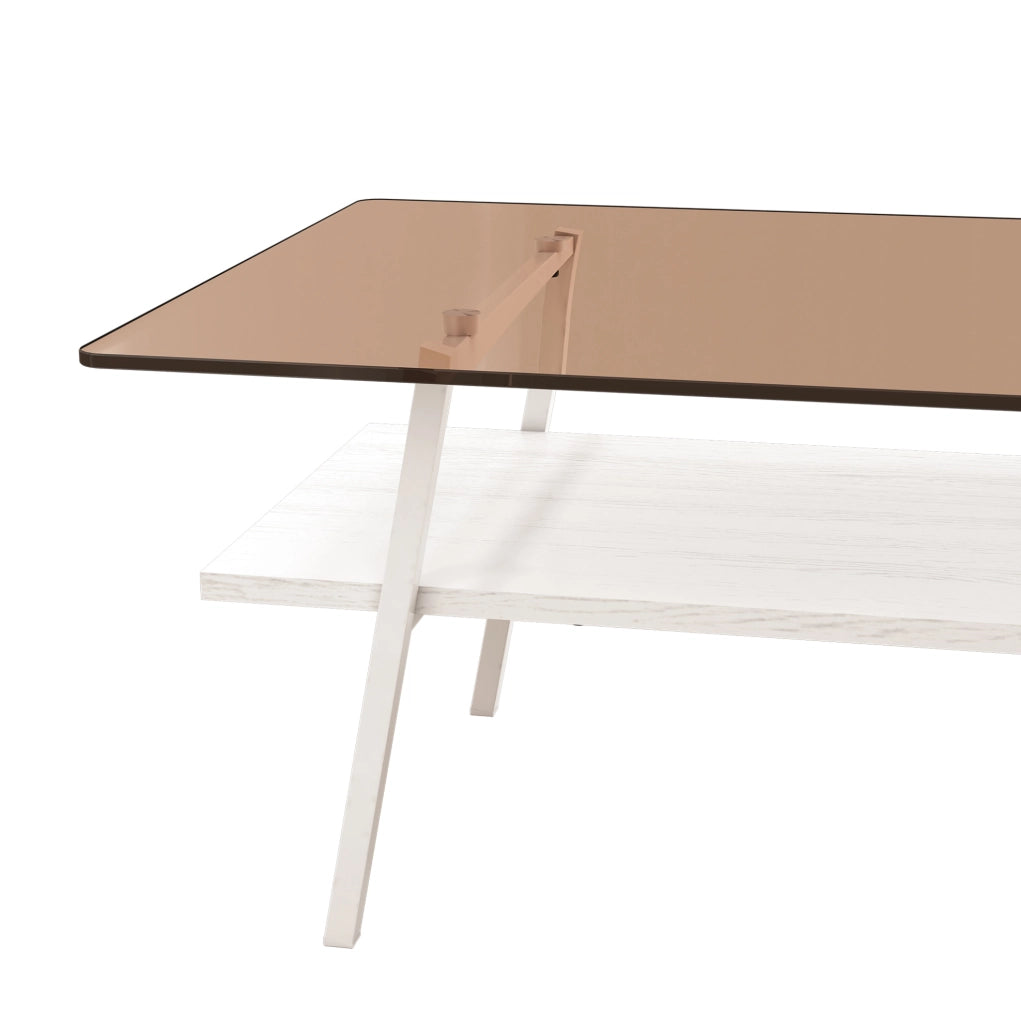 Tavolino da caffè con piano in vetro temperato e base in MDF; bianco e marrone