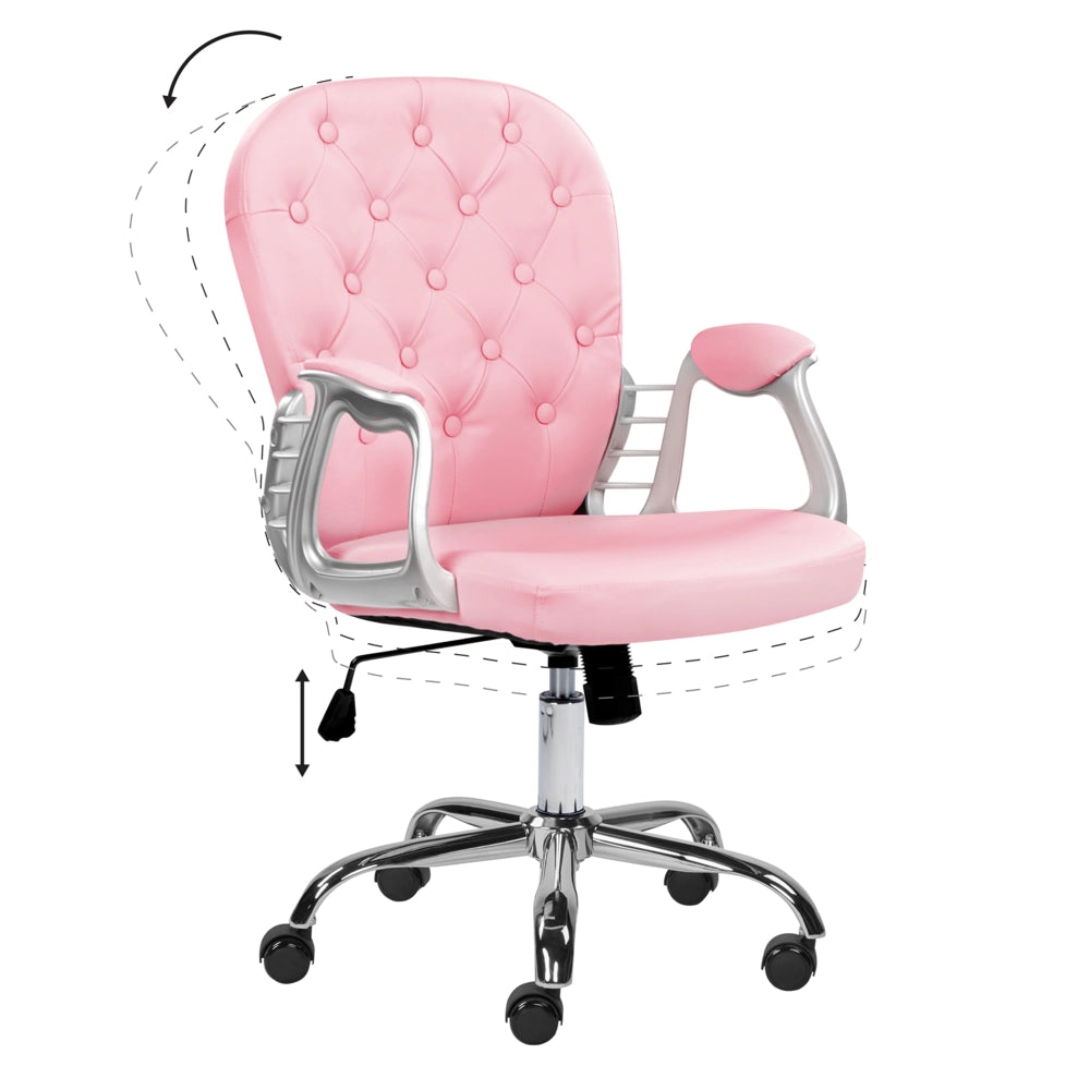 Sedia da ufficio in ecopelle rosa con pulsante regolabile in altezza con alzata a gas con schienale capitonnè e rotazione completa