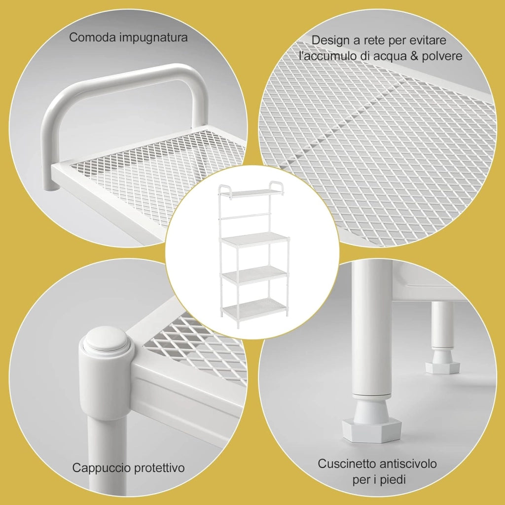 Microonde Scaffale da Cucina per Microonde in Metallo a 4 Ripiani, Carrello per Microonde Scaffalatura Organizzatore Portaoggetti, 60 x 34 x 136 cm (Bianco)