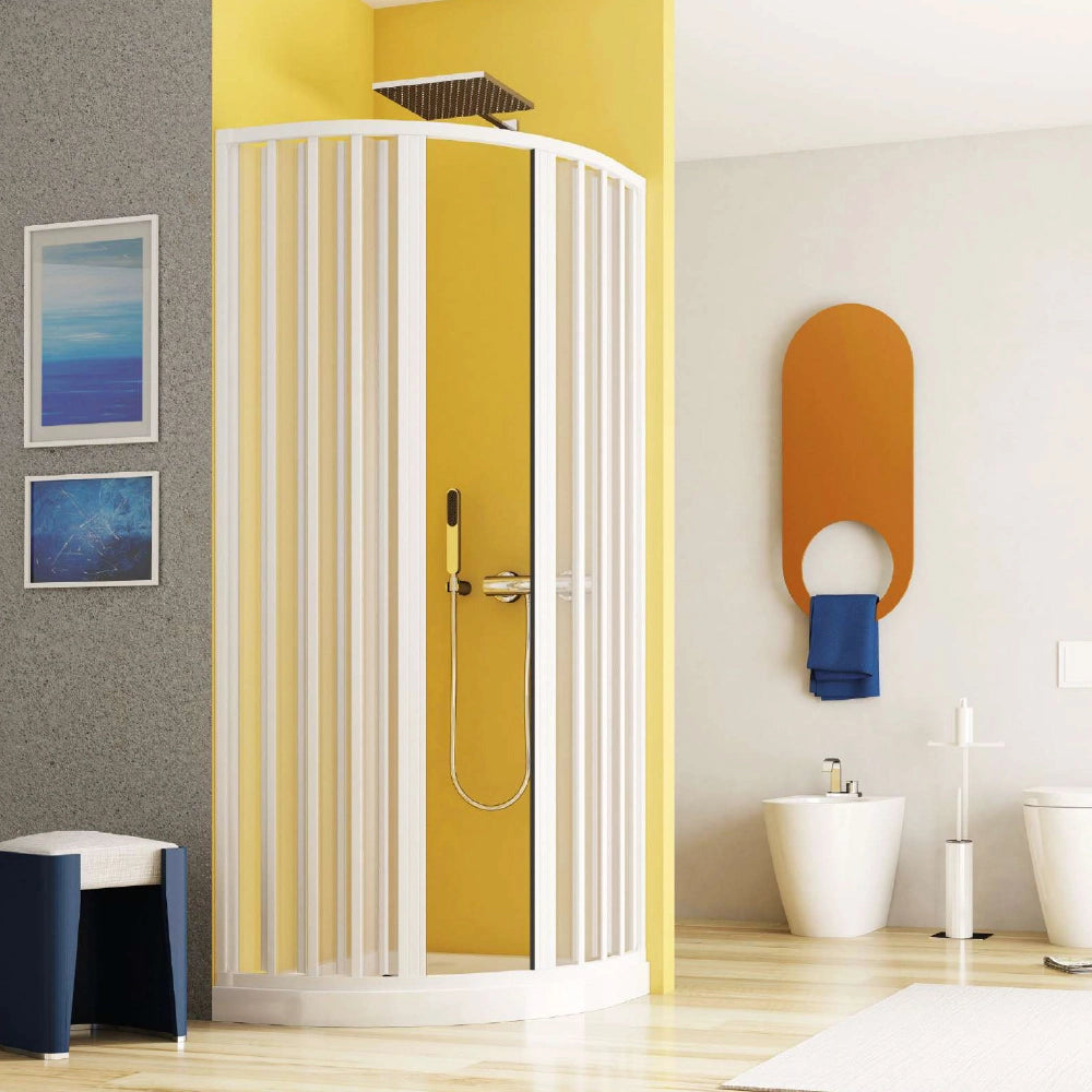 Box doccia 90x90 circolare a soffietto in PVC bianco apertura centrale e chiusura calamitata Teti