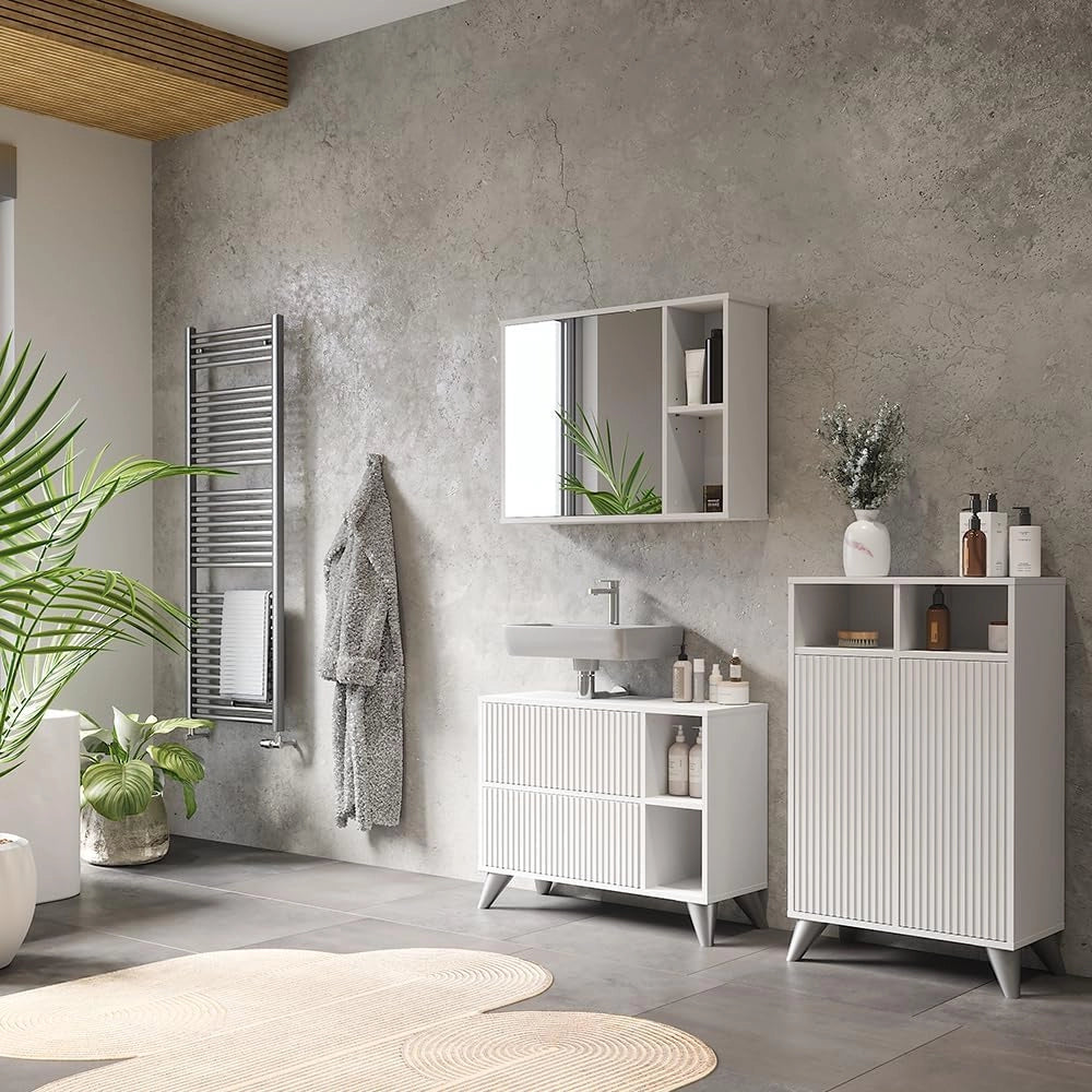Mobiletto midi Leano, Bianco, 60 x 97 cm con 2 porte, adatto per la conservazione di articoli da bagno e asciugamani