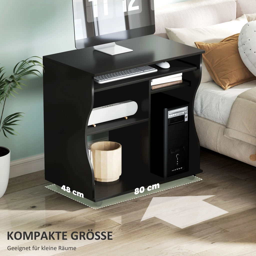 Scrivania lineare con ruote e vassoio tastiera per ufficio e piccoli spazi in legno nero 80 × 48 × 75 cm
