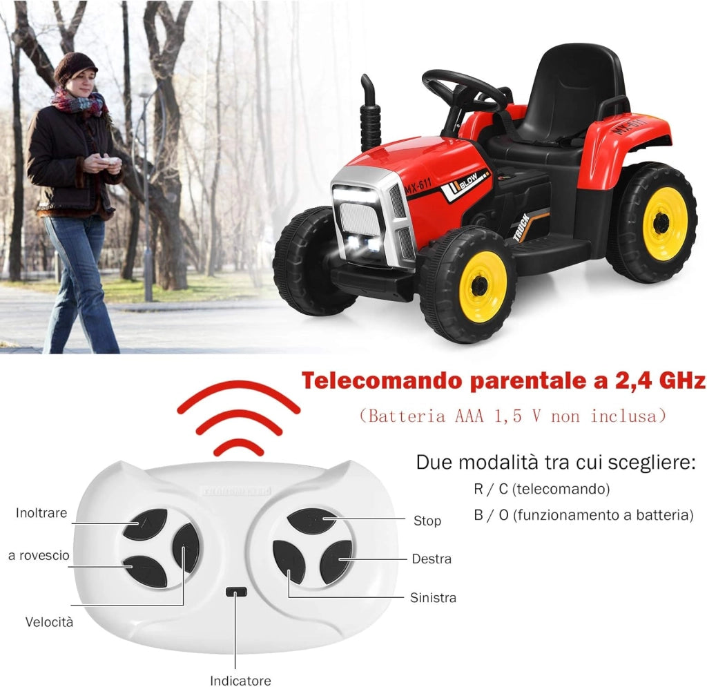 Trattore con Rimorchio Cavalcabile per Bambini 12V, Trattore Elettrico Telecomandato, con Luci e Suoni, 30kg, 3+ Anni (Rosso)
