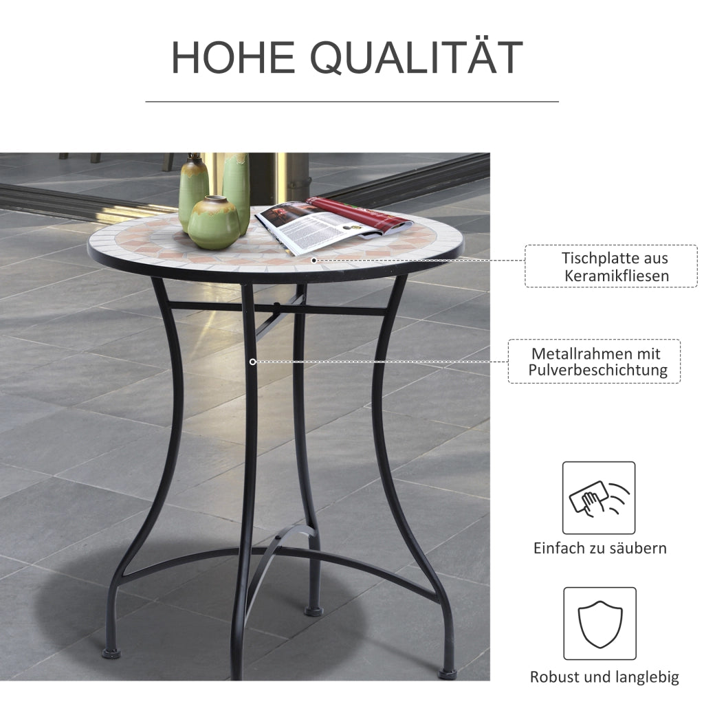 Tavolo da giardino a mosaico di ?60 cm; tavolo da balcone tavolino in acciaio e ceramica arancione e bianco; altezza 71 cm per giardino e balcone