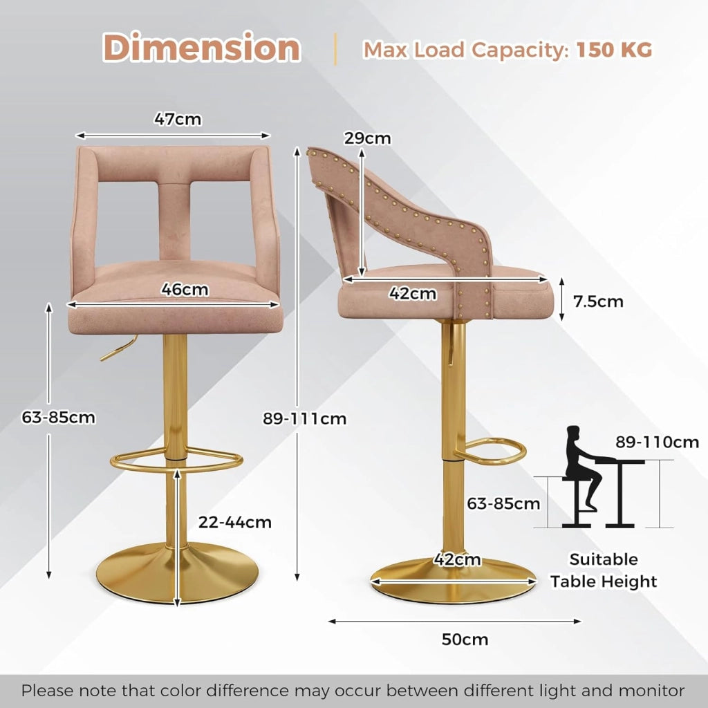 Set di 2 sgabelli da bar regolabili in altezza, 63-85 cm, girevole a 360°, con poggiapiedi, sgabello girevole con schienale, sgabello in velluto, portata fino a 150 kg