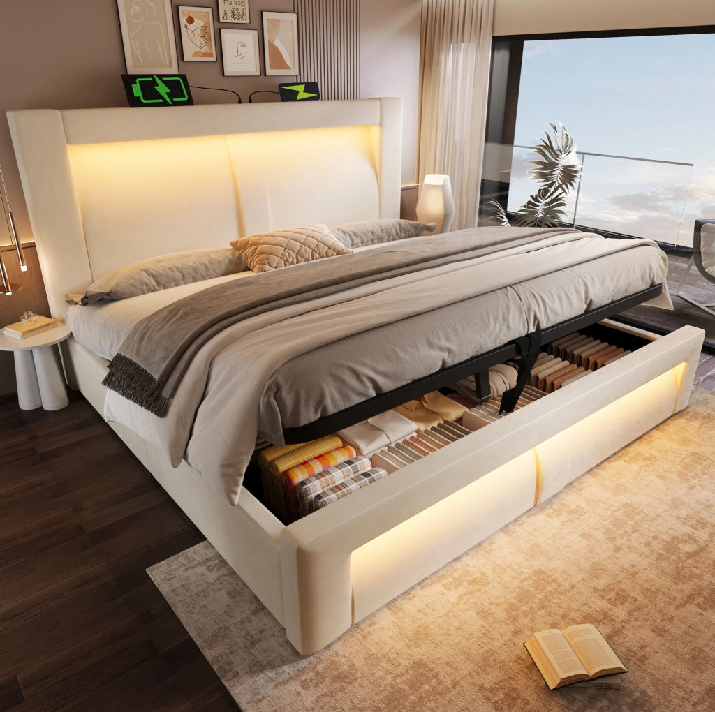 Letto matrimoniale ULEVR 180x200 cm contenitore con LED, USB e Type-C, velluto beige