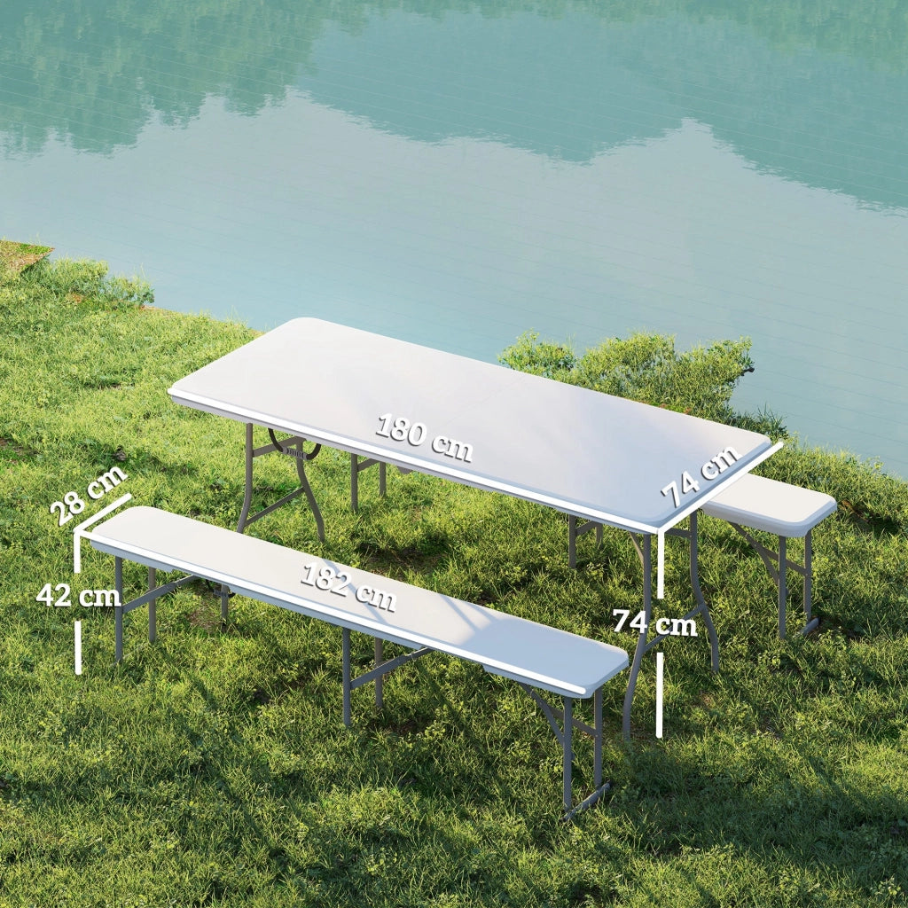 Set da Pic Nic Pieghevole a 3 Pezzi con Tavolo e 2 Panche in HDPE e Metallo Bianco e Grigio Chiaro
