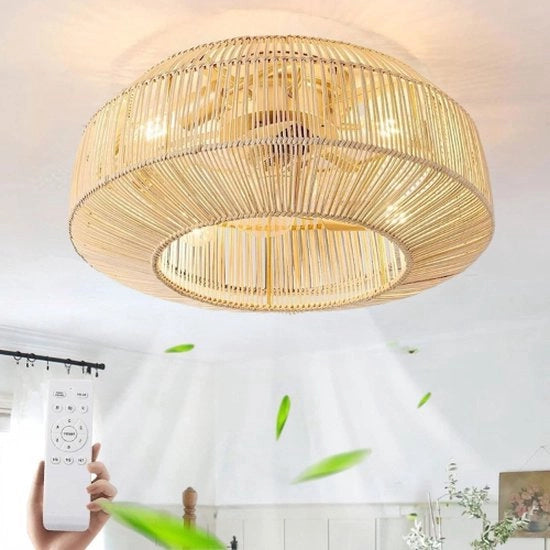 Ventilatore da soffitto con illuminazione E27 in stile rattan e bambù, ventilatore da soffitto con telecomando, ventilatore da soffitto silenzioso con luce, 6 velocità, luce con ventilatore, per salone e sala da pranzo.
