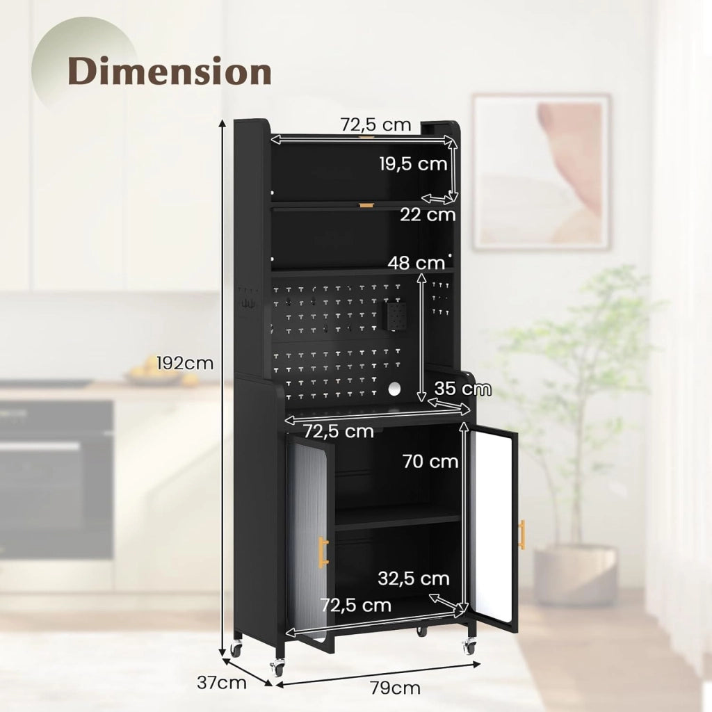 Credenza da cucina a 6 livelli, armadio a buffet con pannello di perforazione, ante apribili e ripiano regolabile, mobile in metallo con 4 ruote estraibili