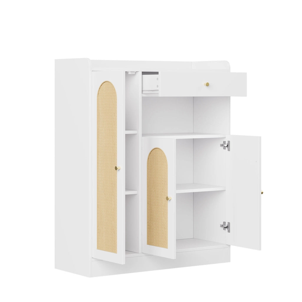 Mobile portascarpe moderno in rattan con 3 ante, 1 cassetto e ripiani regolabili, struttura in MDF/ truciolare, 90 x 35 x 110 cm, bianco/naturale
