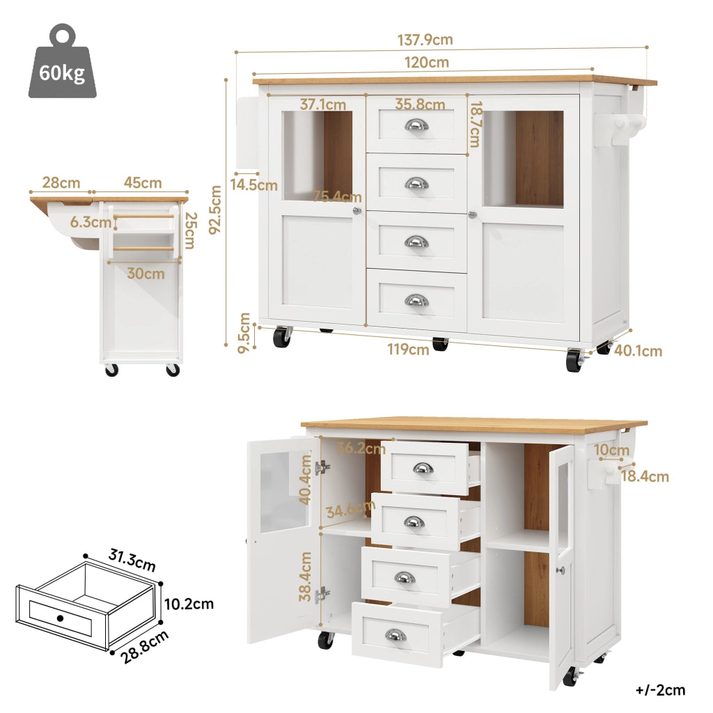 Isola da cucina con 2 ante e 4 cassetti; piano ribaltabile e ruote; 137.9x45x92.5 cm; bianco