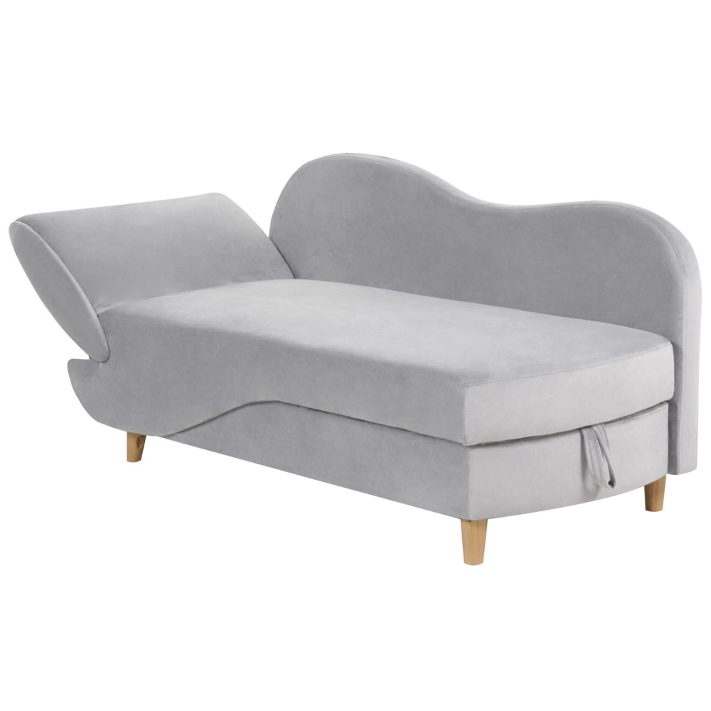 Chaise Longue in velluto grigio chiaro lato sinistro con contenitore stile moderno soggiorno